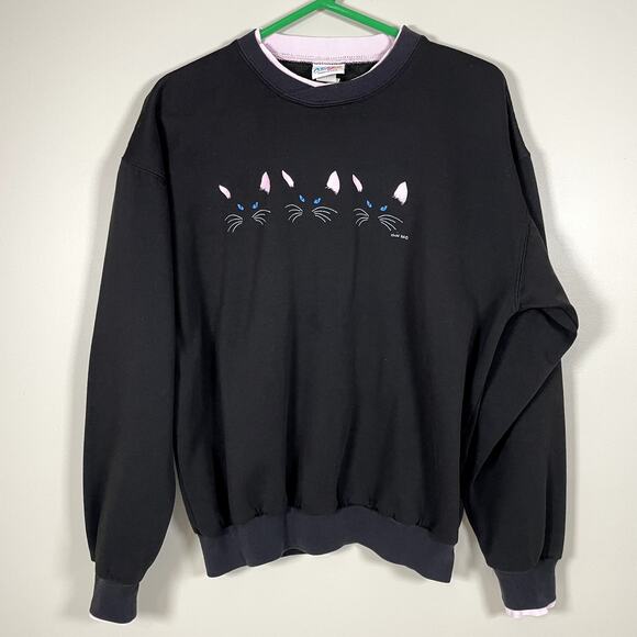 VINTAGE ACTON Lg Black Cat Face Printed Sweatshirt Pink Accents 1986 Made in USA - Picture 1 of 7